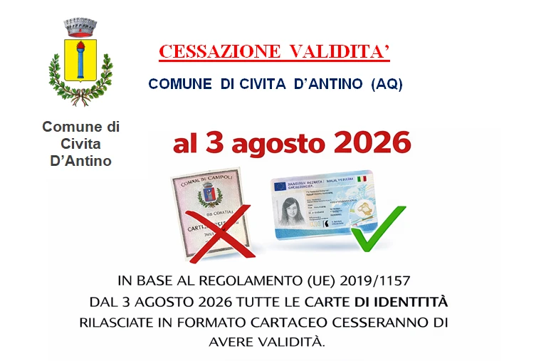 In base al Regolamento (UE) n. 1157/2019, tutte le Carte di identità cartacee non saranno più valide a partire dal 3 agosto 2026, anche se riportano una scadenza successiva.