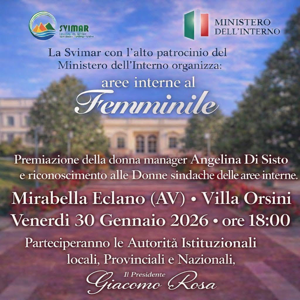 Anche il Sindaco di Civita d?Antino, Sara Cicchinelli, � tra le 80 sindache premiate dall'Associazione SVIMAR (Associazione per lo Sviluppo del Mezzogiorno) nella splendida cornice di Villa Orsini a Mirabella Eclano (AV).