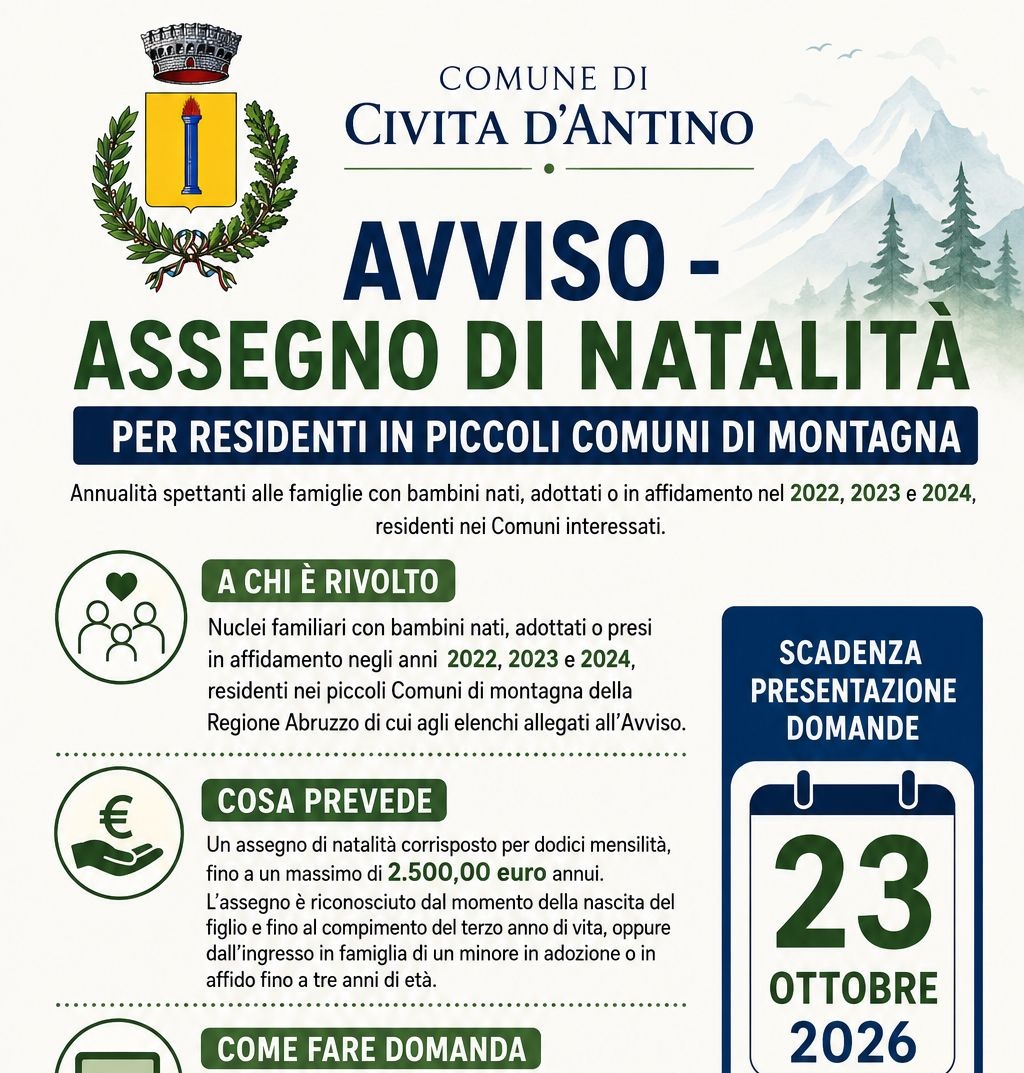 Assegno di Natalità per residenti in piccoli comuni montani, annualità spettanti alle famiglie nati, adottati o in affidamento nel 2022, 2023 e 2024, residenti nei comuni interessati